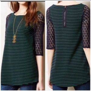 Anthropologie Postmark Navy Green Striped Tunic Top Crochet